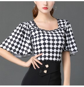 Black white plaid ballroom Latin dance bodysuit top for women girls national standard social dance short ruffles sleeves jitba modern salsa rumba chacha dance practice jumpsuits