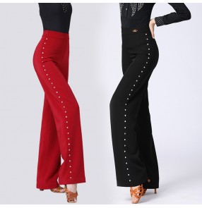 Black wine color ballroom latin dance pants for women side with diamond high waist latin dance trousers national standard ballroom dancing wide leg pants