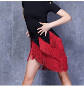 Black wine Fringed latin dance skirts for women girls modern salsa chacha latin performance wrap hip scarf skirts for woman