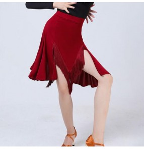 Black wine fringed side slit latin dance skirts for women girls salsa rumba chacha practice dance stage performance skirts 