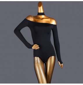 Black wine haler neck boat neck latin ballroom dancing bodysuits modern salsa chacha rumba ballroom practice dance leotard tops catsuits for female