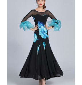 Black with blue flowers ballroom dancing dresses for women girls flamenco waltz tango foxtrot smooth dance long skirt for female