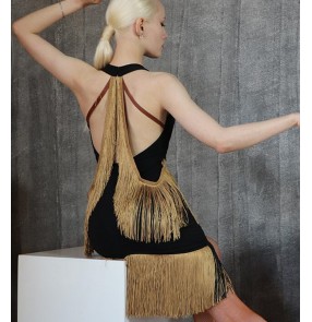 Black with brown fringed Latin dance dress women Sexy Halter Fringed Dress Dance performance clothing competition salsa chacha clothing