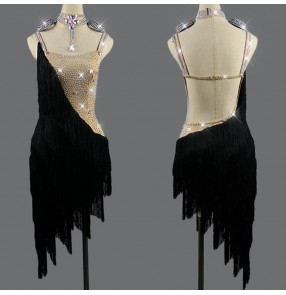 Black with flesh diamond competition stage performance latin dance dresses tassels rumba samba dance dresss skirts