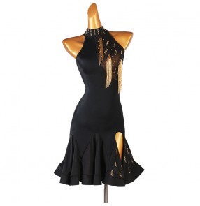 Black with gold fringe competition latin dance dress for women girls modern dance rumba chacha salsa dance dress latin costumes