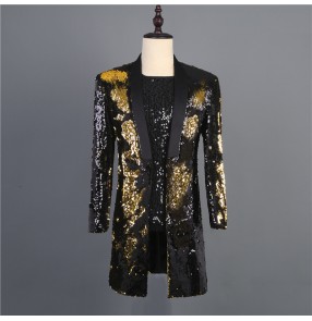 Black with gold sequin jazz dance long blazers fow men male stage performance host singers performing long coats 