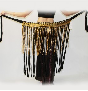 Black with gold sequins Belly dance waist chain tribal waist scarf hip scarf belly dance practice clothes tassel belt