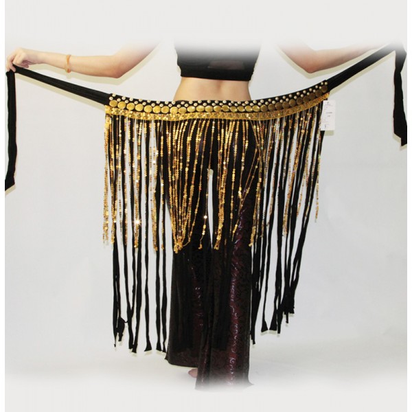 Black with gold sequins Belly dance waist chain tribal waist scarf hip ...