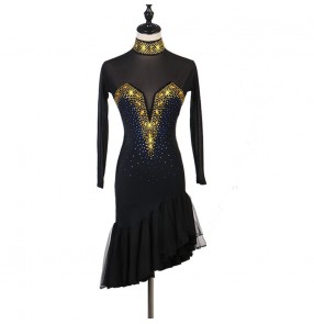 Black with gold stones Women's competition latin dance dresses stage performance sala rumba chacha dance dress costumes