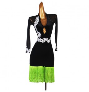 Black with green fringe competition latin dance dresses for women girls long sleeves tassels rumba chacha salsa latin dance costumes for lady