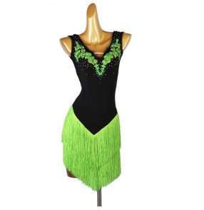 Black with green fringed competition latin dance dress for women girls modern dance rumba salsa chacha dance dress latin ballroom dance costumes for female