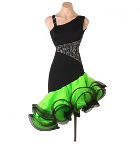 Black with green one shoulder diamond competition latin dance dress for girls ruffles irregular skirts salsa rumba cha cha performance dress for female
