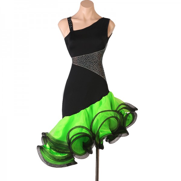Black with green one shoulder diamond competition latin dance dress for ...