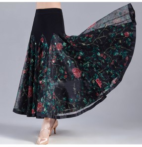 Black with green rose flower flroal modern ballroom dance skirt  for women waltz tango dance national standard dance skirt for female