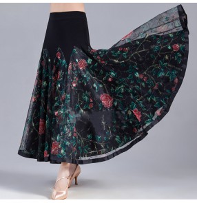 Black with green rose flower flroal modern ballroom dance skirt  for women waltz tango dance national standard dance skirt for female