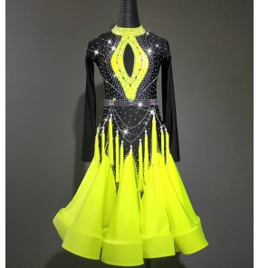 Black with neon green competition latin dance dresses for kids children girls salsa chacha dance dresses latin dance costumes