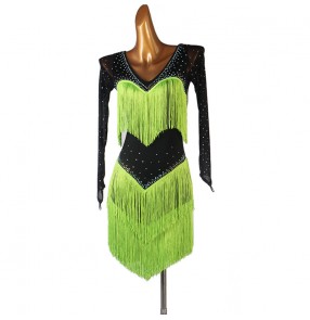 Black with neon green rhinestones competition latin dance dress for women salsa chacha dance tassels dresses noir avec robe de danse latine verte