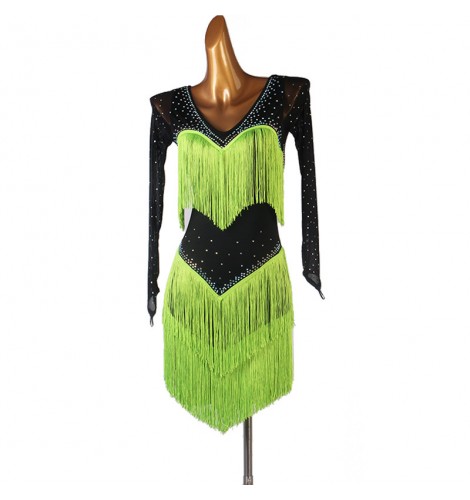 Black with neon green rhinestones competition latin dance dress for ...