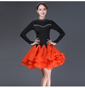 Black with orange red rhinestones competition latin dance dress for women stage performance latin dance skirts salsa rumba chacha dance dresses