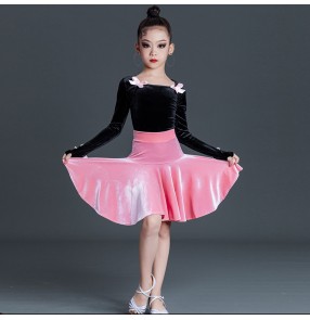 Black with pink velvet competition latin dance dresses for kids girls ballroom latin stage performance costumes for Children