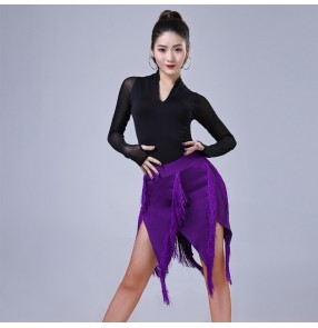Black with purple tassels latin dance dresses latin skirts for women female stage performance latin dance costumes bodysuits and fringes skirts
