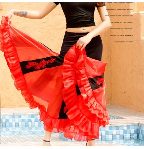 Black with red ballroom dance skirts for women stage Jitba dance with embroidered flowers long skirt belly waltz tango dance skirts for female