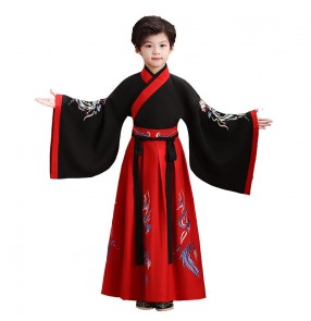 Black with red chinese hanfu dresses Children's retro chinese styles costume hanfu Young Master Dress Recitation swordsman Tang Dress for boy  