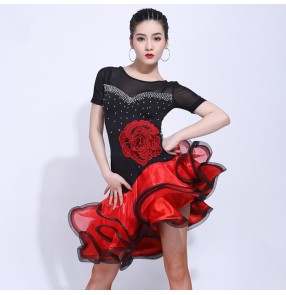 Black with red diamond flowers women's girls latin dance dresses stage performance rumba salsa chacha dance dresses with ruffles skirts