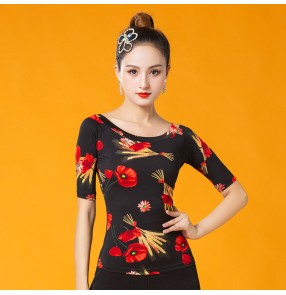 Black with red floral printed latin dance tops for women salsa rumba chacha ballroom practice dance tops blouses for female