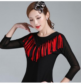 Black with red fringes women female latin ballroom dance tops long sleeves salsa rumba chacha dance tops 