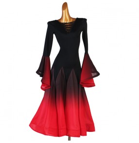 Black with red gradient color ballroom dance dress for women kids long flare sleeves competition waltz tango foxtrot smooth standard dance long dress 