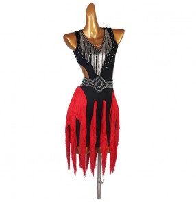 Black with red rhinestones tassels competition latin dance dress for women salsa rumba chacha dance dress for female