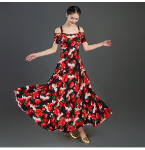Black with red rose flowers ballroom dance dress for women girls waltz tango stage performance video photos shooting floral dance dresses