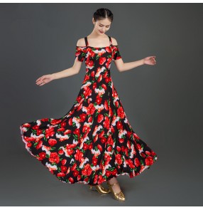 Black with red rose flowers ballroom dance dress for women girls waltz tango stage performance video photos shooting floral dance dresses
