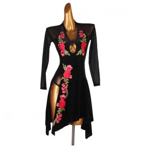 Black with red rose flowers embroidered latin dance dresses for women girls stage performance competition v nevck long sleeves latin dresses rumba chacha dance skirts 