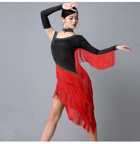 Black with red tassels rhinestones latin dance dress salsa chacha rumba dance dress costumes