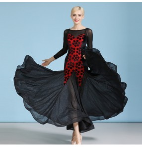 Black with red velvet flowers ballroom dance dress for women long sleeves performance tango waltz dance dress for female