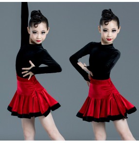 Black with red velvet girls children latin dance dresses stage performance salsa rumba chacha dance dress 