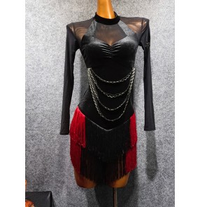 Black with red velvet tassels latin dance dresses for women female salsa rumba chacha dance dress for lady 