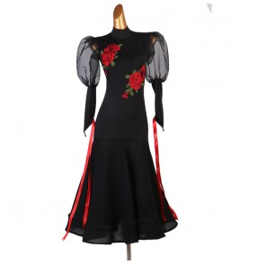 Black with rose flowers ballroom dancing dresses for women waltz tango dance dress robe de danse de salon fleurs noires