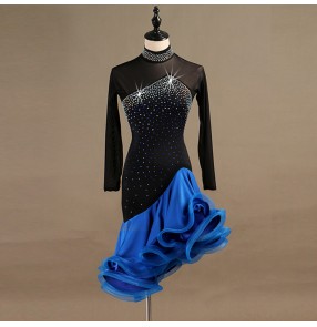 Black with royal blue latin dresses ballroom dresses robe latine for women girls stage performance rumba salsa chacha dancing dresses ruffles skirts