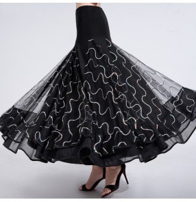 Black with silver sequined embroidered pattern ballroom dancing skirts for women girls waltz tango foxtrot smooth dance long skirt for female