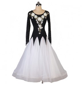 Black with white ballroom dance dresses for women girls embroidered flowers long sleeves ballroom dance skirts tango waltz dance dresses