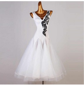 Black with white embroidered diamond ballroom dance dress for women girls stage performance competition ballroom waltz tango dance skirts gown
