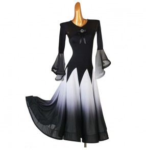 Black with white gradient ballroom dance dresses for women girls flare sleeves waltz tango foxtrot smooth dance long dress for female