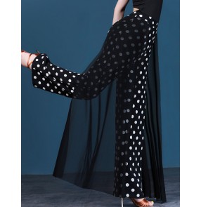 Black with white polka dot fringe flowy latin dance pants for women girls high waist wide leg salsa cha cha rumba ballroom performance long trousers