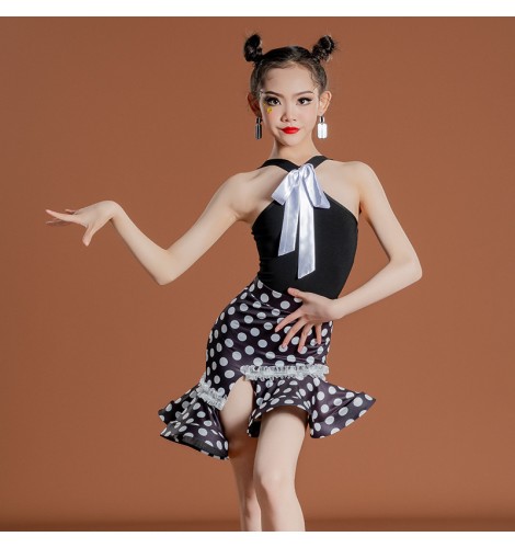 Black with white polka dot latin dance dresses for girls kids