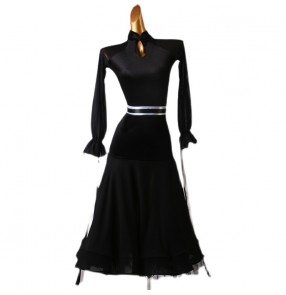Black with white ribbon Modern ballroom dance dress for women girls long sleeves tango waltz dance retro qipao neck costume long gown for lady