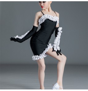 Black with white ruffles latin dance dresses for girls kids children ballroom salsa cha cha dance costumes for baby