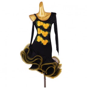 Black with yellow flowers emboridered ballroom latin dance dresses for women girls stage performance salsa rumba chacha dance dress latin dance costumes for female